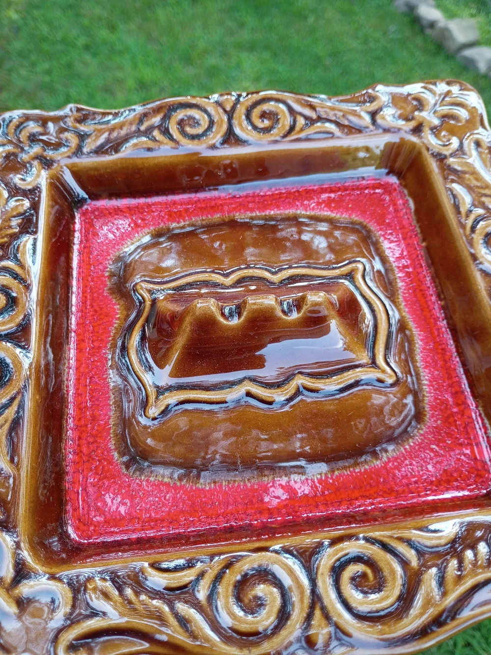 Vintage 60's Glazed Ceramic Square Brown/orange Ashtray USA EA-10-2S
